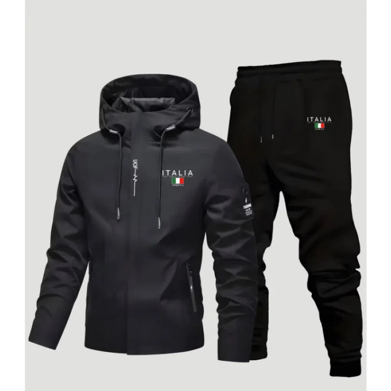 Men's casual outdoor sport set - printed hooded jacket and pants, regular fit, suitable for autumn and winter wear